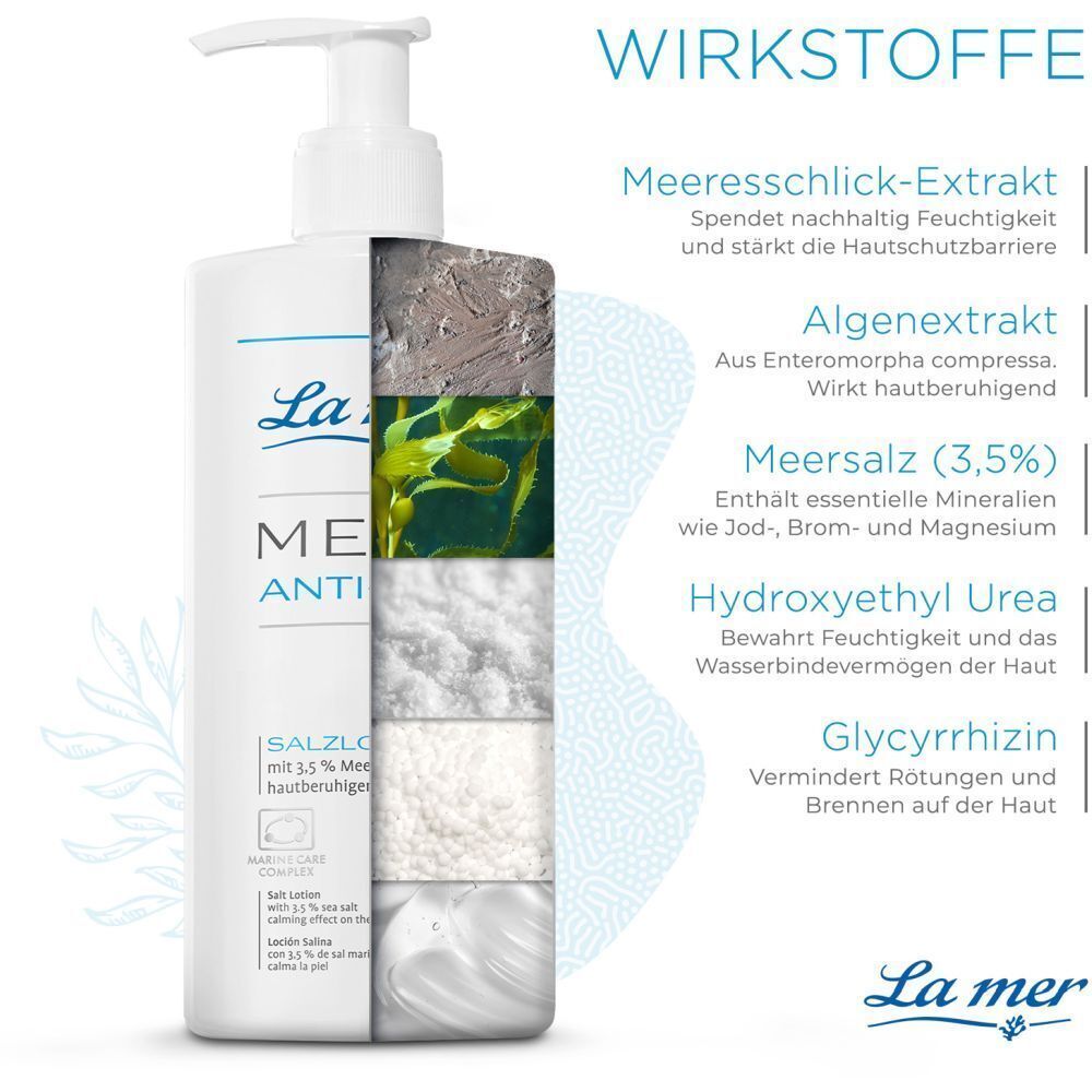Weiße Flasche mit Pumpverschluss. Aufschrift: La mer MED+ ANTI-DRY Salzlotion. Inhaltsstoffe dargestellt.