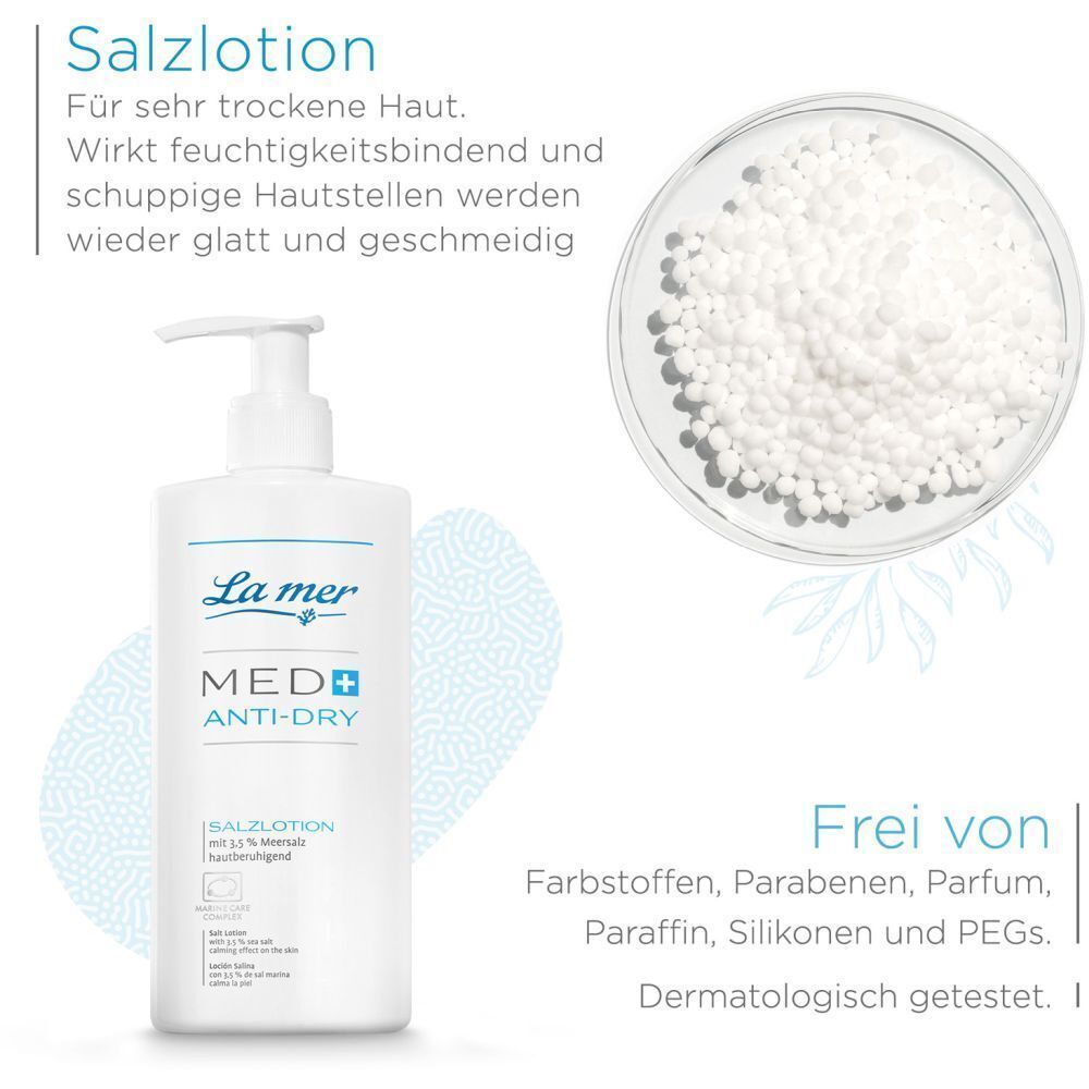 Weiße Flasche mit Pumpverschluss. Aufschrift: La mer MED+ ANTI-DRY Salzlotion. Produkt neben Inhaltsstoffen.