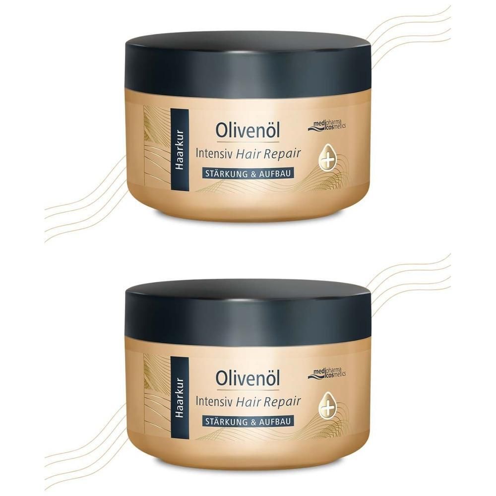 Zwei goldfarbene Tiegel mit schwarzem Deckel. Aufschrift: Olivenöl Intensiv Hair Repair Haarkur. Stärkung & Aufbau.