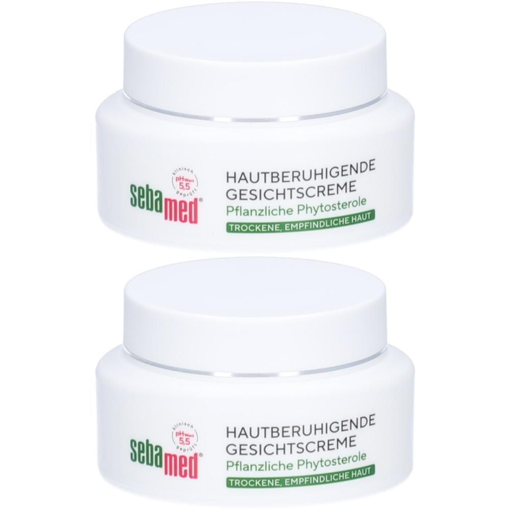 Zwei weiße Tiegel SEBAMED hautberuhigende Gesichtscreme. Aufschrift: HAUTBERUHIGENDE GESICHTSCREME, Pflanzliche Phytosterole, Trockene empfindliche Haut.
