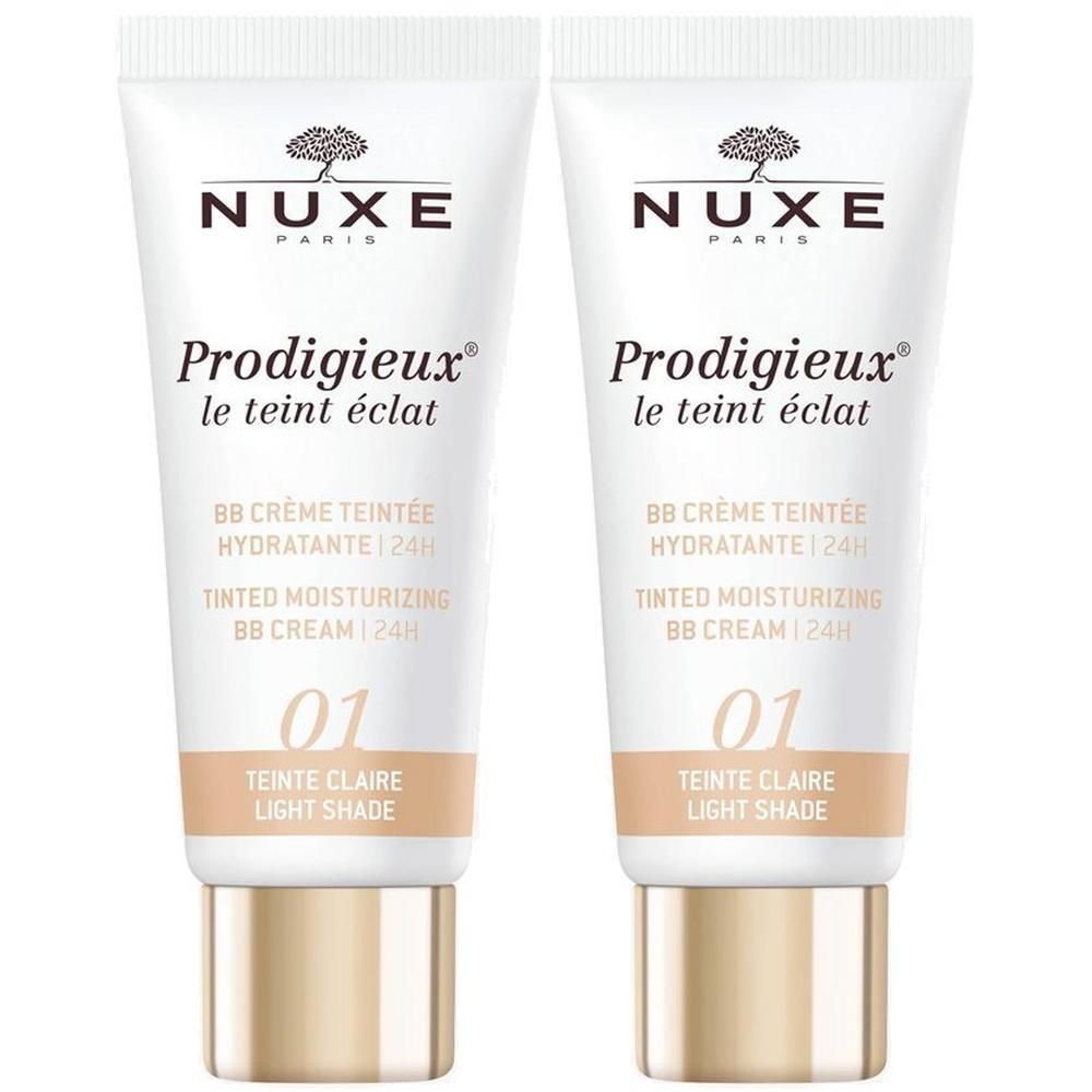 Zwei Tuben BB Creme. Weiß, mit goldfarbenem Verschluss. Aufschrift: NUXE, Prodigieux, BB Creme teintée, 01 Teinte Claire.
