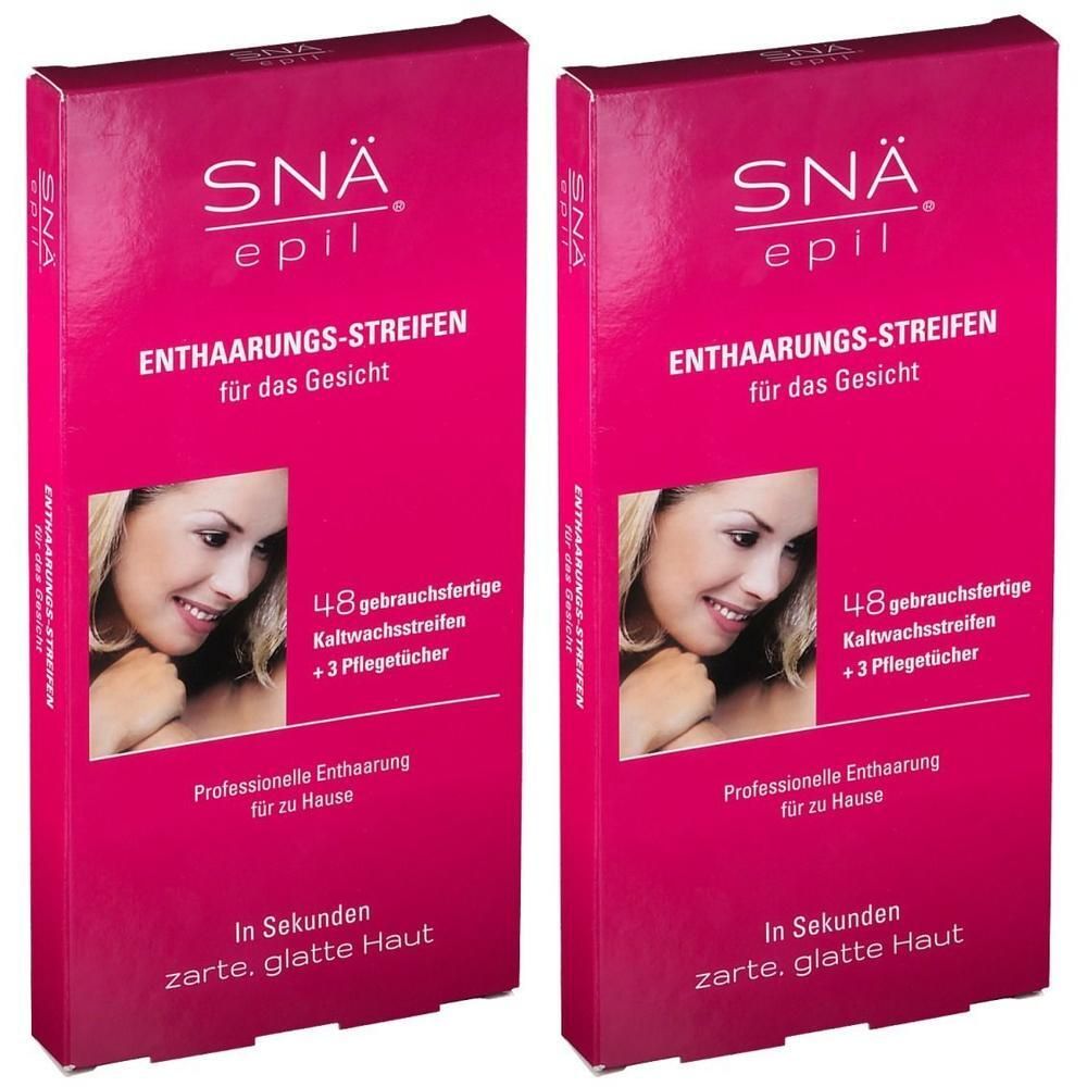 Zwei Packungen Enthaarungsstreifen für das Gesicht. Rosa Verpackung mit Produktnamen und Frauengesicht. Enthält 48 Streifen und 3 Tücher.