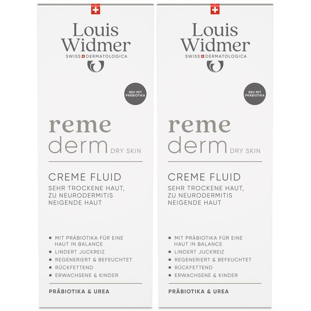 Zwei weiße Flaschen Louis Widmer remederm Creme Fluid. Text: remederm, Creme Fluid, für trockene Haut. Mit Präbiotika.