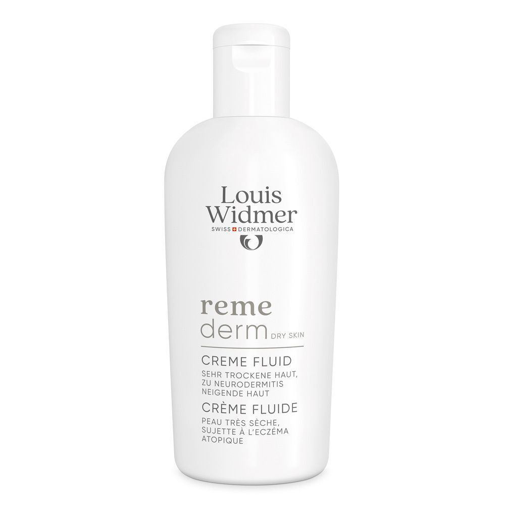 Weiße Flasche Louis Widmer remederm Creme Fluid. Text: remederm, Creme Fluid, für trockene Haut. Mit Präbiotika.
