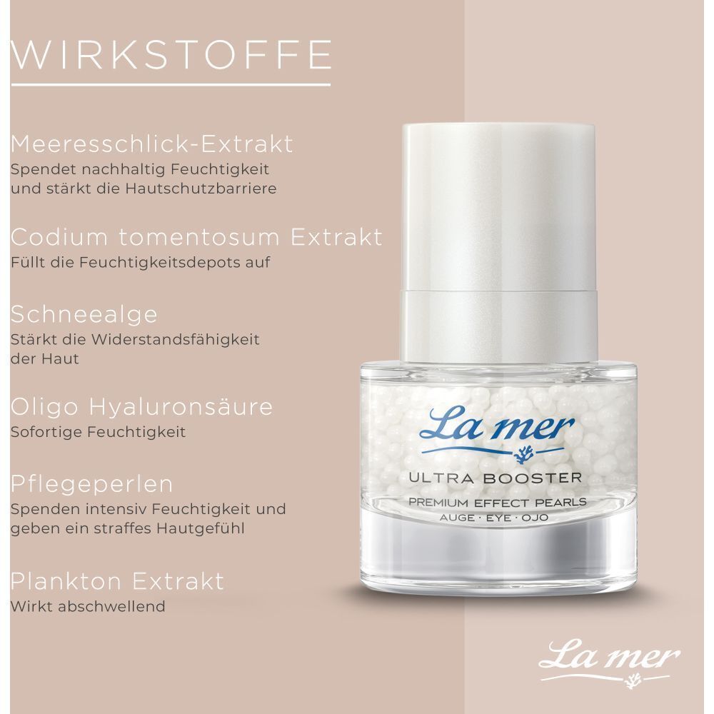 Produkt La mer Ultra Booster Premium Effect Pearls Auge. Inhaltsstoffe: Meeresextrakt, Codium, Schneealge, Hyaluronsäure, Pflegeperlen.