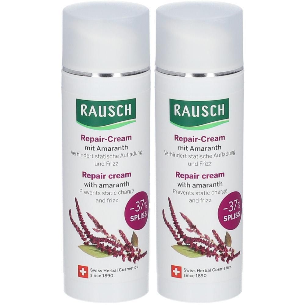 Zwei weiße Flaschen mit RAUSCH Repair-Cream. Aufschrift: Repair-Cream mit Amaranth, verhindert statische Aufladung und Frizz. Swiss Herbal Cosmetics.