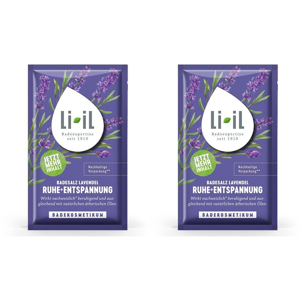 Zwei lilafarbene Beutel mit Lavendel-Motiv. Aufschrift: Li-il, Badesalz Lavendel Ruhe+Entspannung. Mit dem Hinweis "JETZT MEHR INHALT".