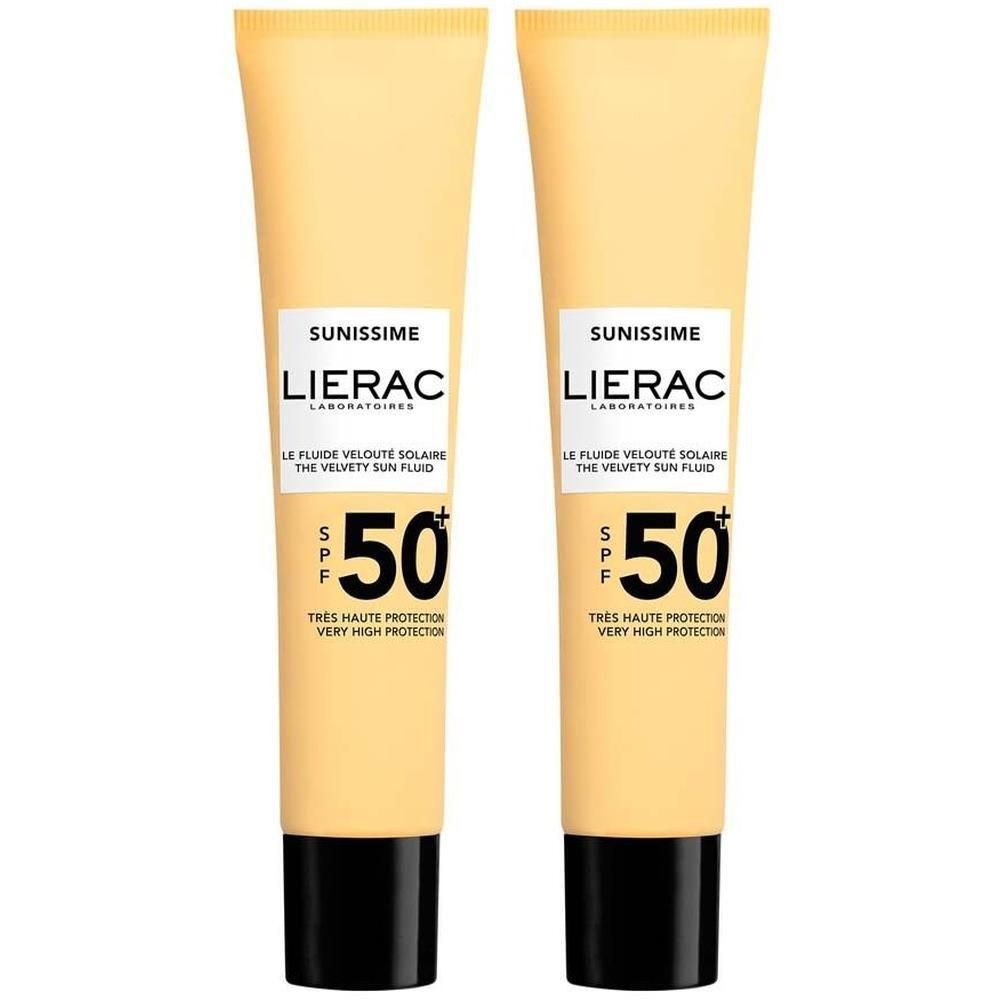 Zwei Tuben Sonnenfluid mit schwarzem Verschluss. Aufschrift: Sunissime, Lierac, SPF 50+. Gelbe Verpackung.