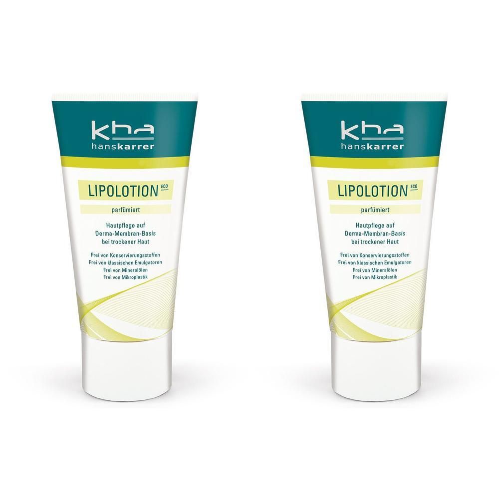 Zwei Tuben Lipolotion. Aufschrift: kha hanskarrer, LIPOLOTION parfümiert. Grün-weißes Design.