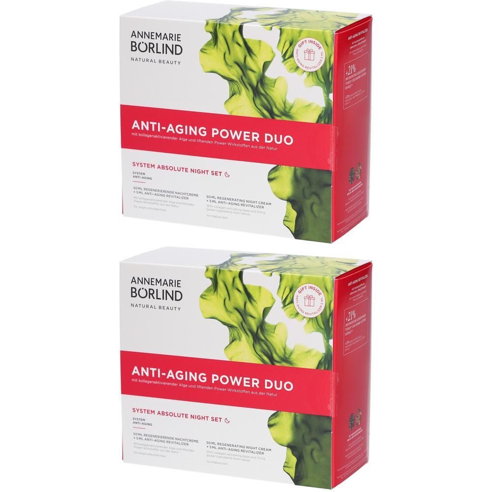 Zwei Produktverpackungen. Aufschrift: ANNEMARIE BÖRLIND, ANTI-AGING POWER DUO, SYSTEM ABSOLUTE NIGHT SET. Verpackung mit grünem Muster und rotem Akzent.