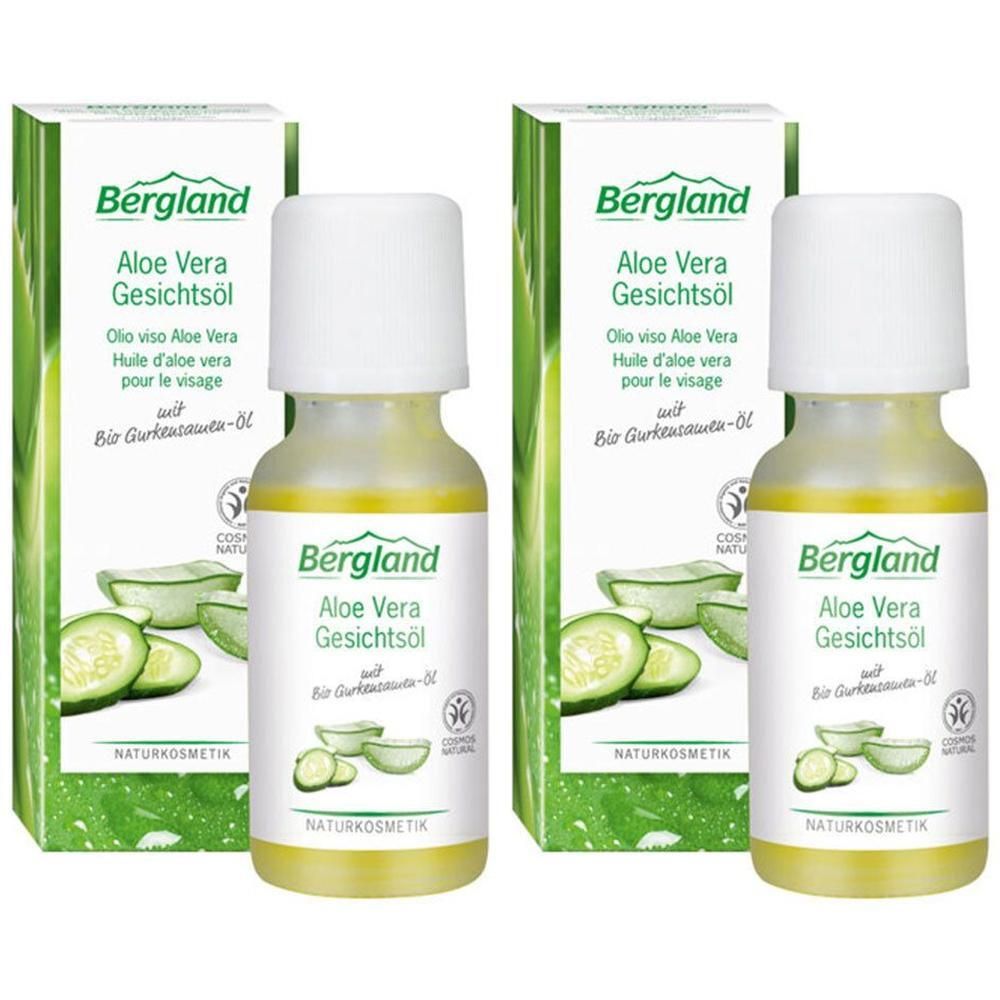 Zwei Flaschen Bergland Aloe Vera Gesichtsöl mit Verpackung. Aufschrift: Aloe Vera Gesichtsöl, Naturkosmetik.