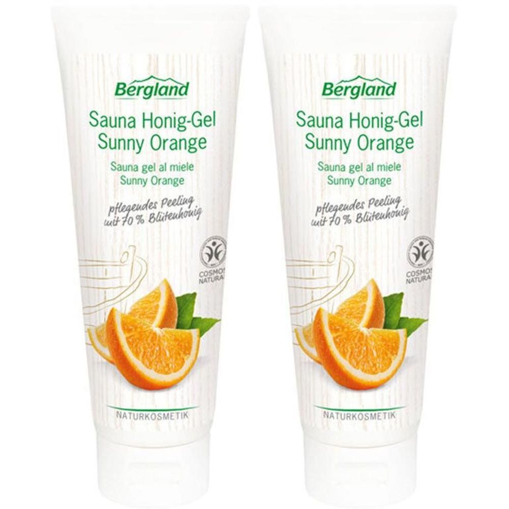 Zwei Tuben mit weißem Hintergrund. Aufschrift: Sauna Honig-Gel Sunny Orange. Abbildung von Orangen. Naturkosmetik.
