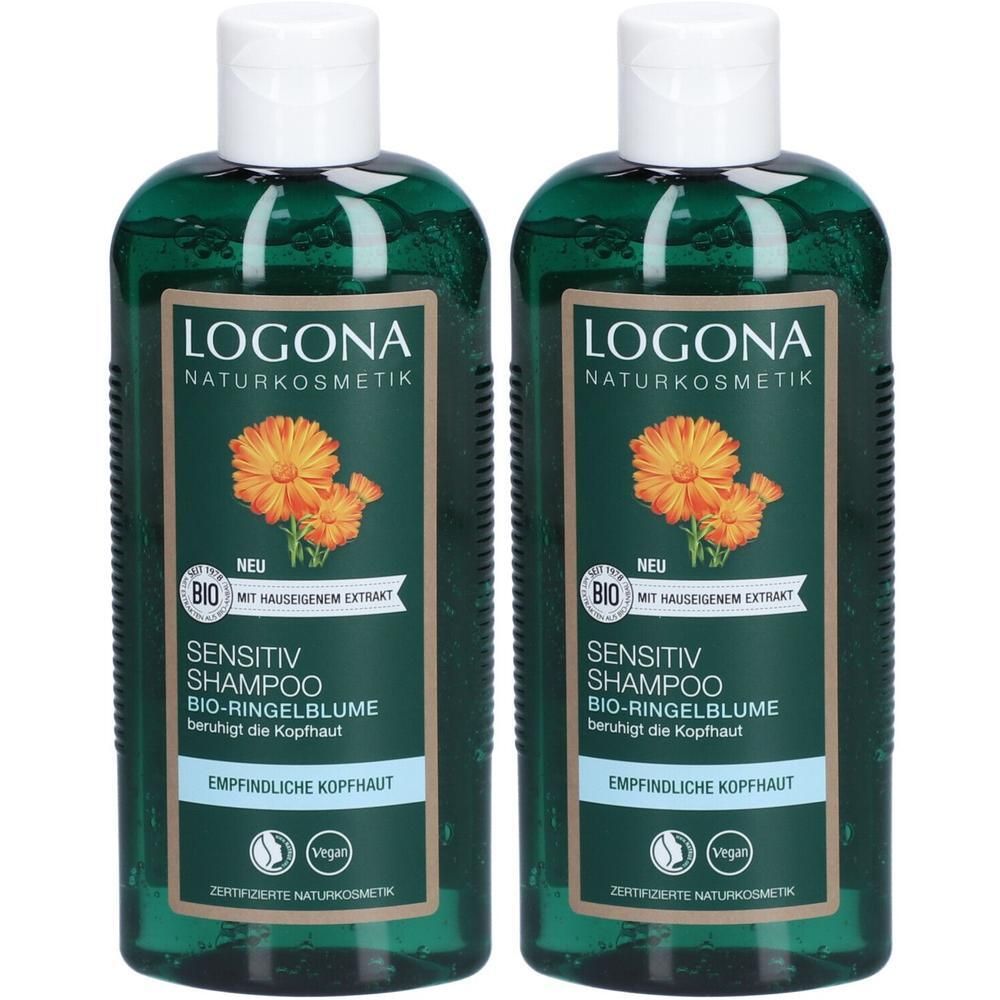 Zwei grüne Flaschen Shampoo mit weißem Deckel. Aufschrift: LOGONA Naturkosmetik, SENSITIV Shampoo Bio-Ringelblume, empfindliche Kopfhaut. Bio-Siegel.