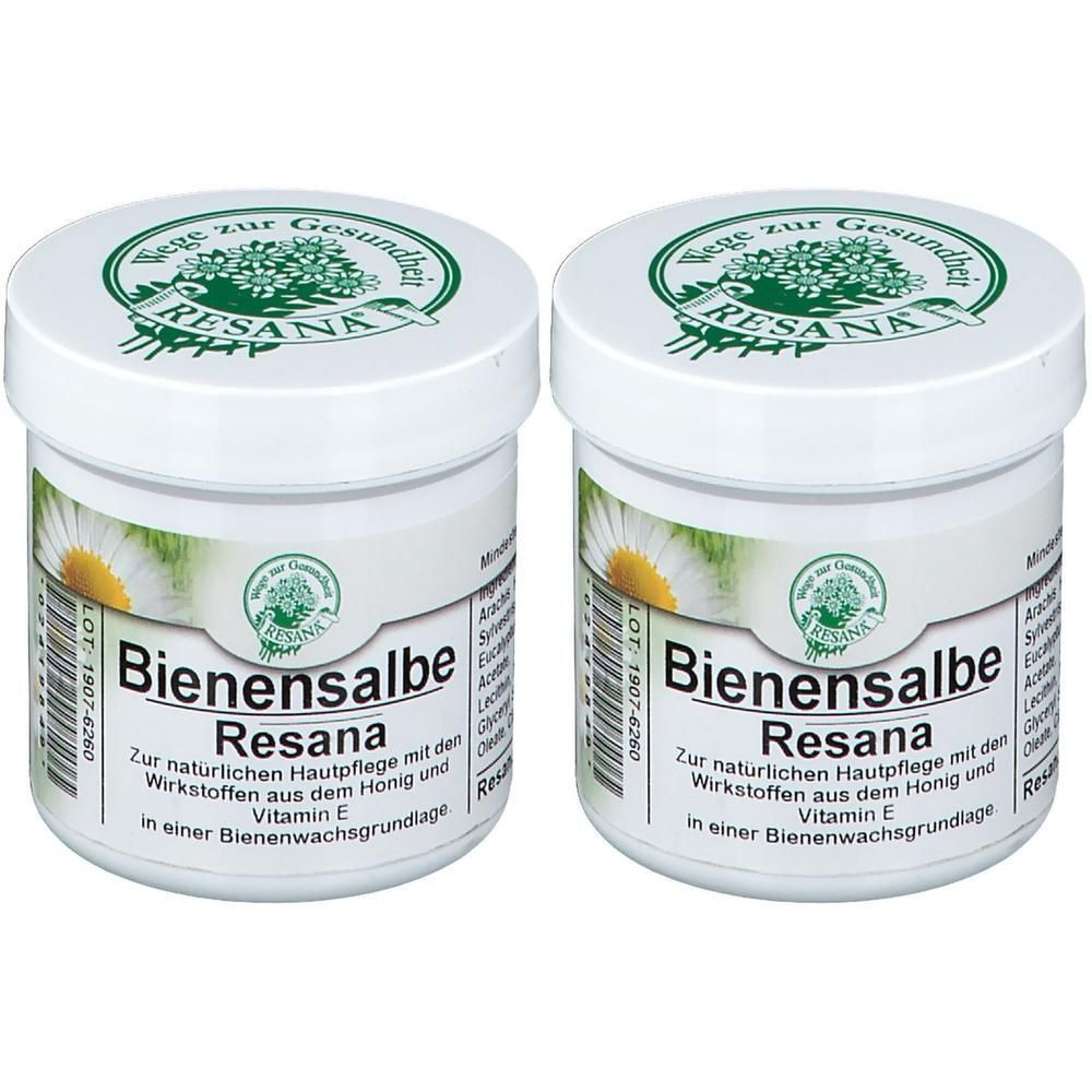 Zwei weiße Tiegel BIENENSALBE mit grünen Deckeln. Aufschrift: Resana, Bienensalbe, zur natürlichen Hautpflege. Mit Honig und Vitamin E.