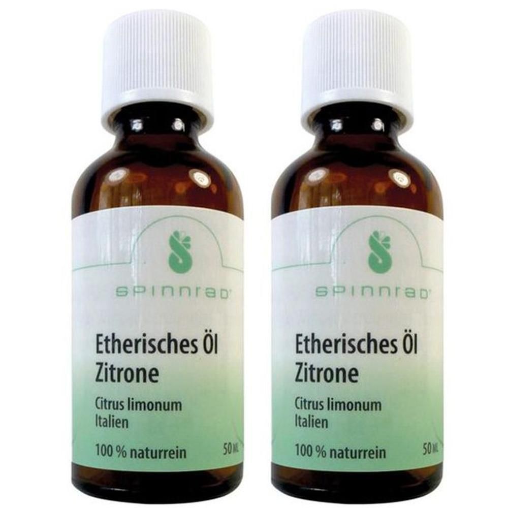 Zwei braune Glasflaschen mit weißem Deckel. Auf den Etiketten steht "Ätherisches Öl Zitrone" und "100% naturrein".