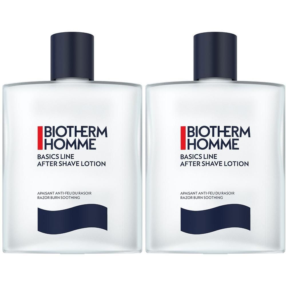 Zwei Flaschen After Shave Lotion. Weißes, rechteckiges Design mit schwarzem Deckel. Aufschrift: BIOTHERM HOMME, Basics Line, After Shave Lotion.