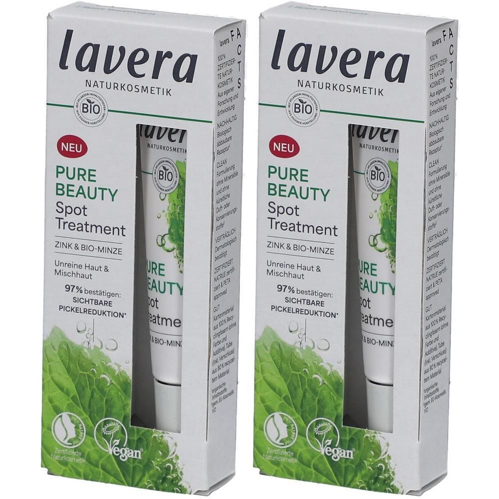 Zwei Packungen Lavera Spot Treatment. Weiße Kartons mit Produkt und Text. Aufschrift: Pure Beauty Spot Treatment, Zink & Bio-Minze. Bio-Siegel.
