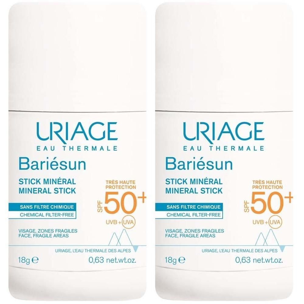 Zwei weiße Stifte mit blauer Schrift. Aufschrift: Uriage, Bariésun, Mineral Stick SPF 50+. Ohne chemische Filter. 18g.