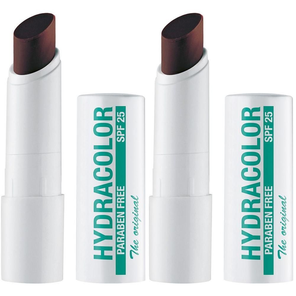 Lippenpflege mit dunkler Farbe. Zwei Produkte sind geöffnet, zwei geschlossen. Aufschrift: HYDRACOLOR, SPF 25, PARABEN FREE.