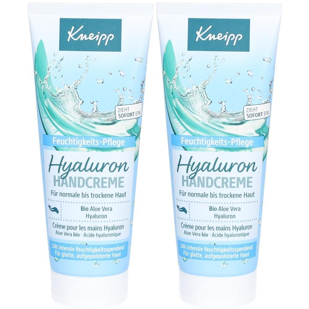 Zwei Tuben Handcreme. Aufschrift: Kneipp, Hyaluron Handcreme. Für normale bis trockene Haut. Mit Bio Aloe Vera und Hyaluron.