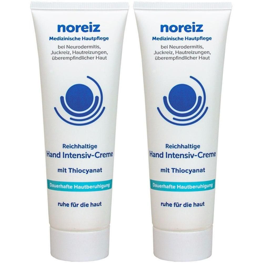Zwei weiße Tuben mit blauer Beschriftung. Aufschrift: Hand Intensiv-Creme, mit Thiocyanat. Medizinische Hautpflege. Logo: blauer Kreis mit Wellen.