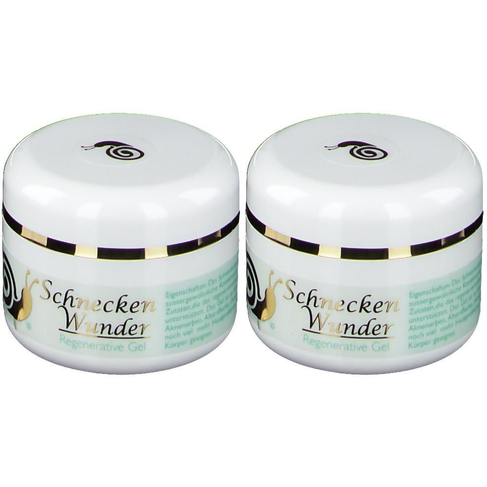 Zwei weiße Tiegel mit goldenem Rand und Deckel. Aufschrift: Schnecken Wunder Regenerative Gel. Oben: Schnecken-Logo.
