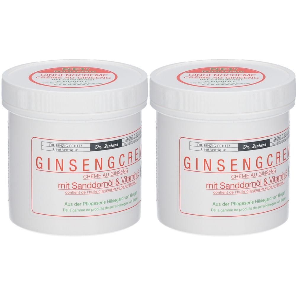 Zwei weiße Tiegel mit rotem Deckel. Aufschrift: GINSENGCREME mit Sanddornöl & Vitamin E. Text in Deutsch und Französisch.