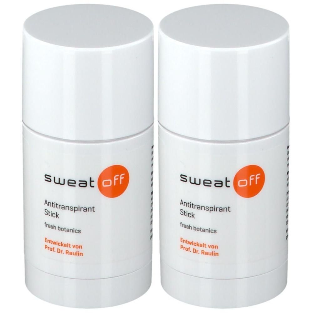 Zwei weiße Antitranspirant-Sticks mit Deckel. Aufschrift: Sweat Off, Antitranspirant Stick, fresh botanics. Entwickelt von Prof. Dr. Raulin.
