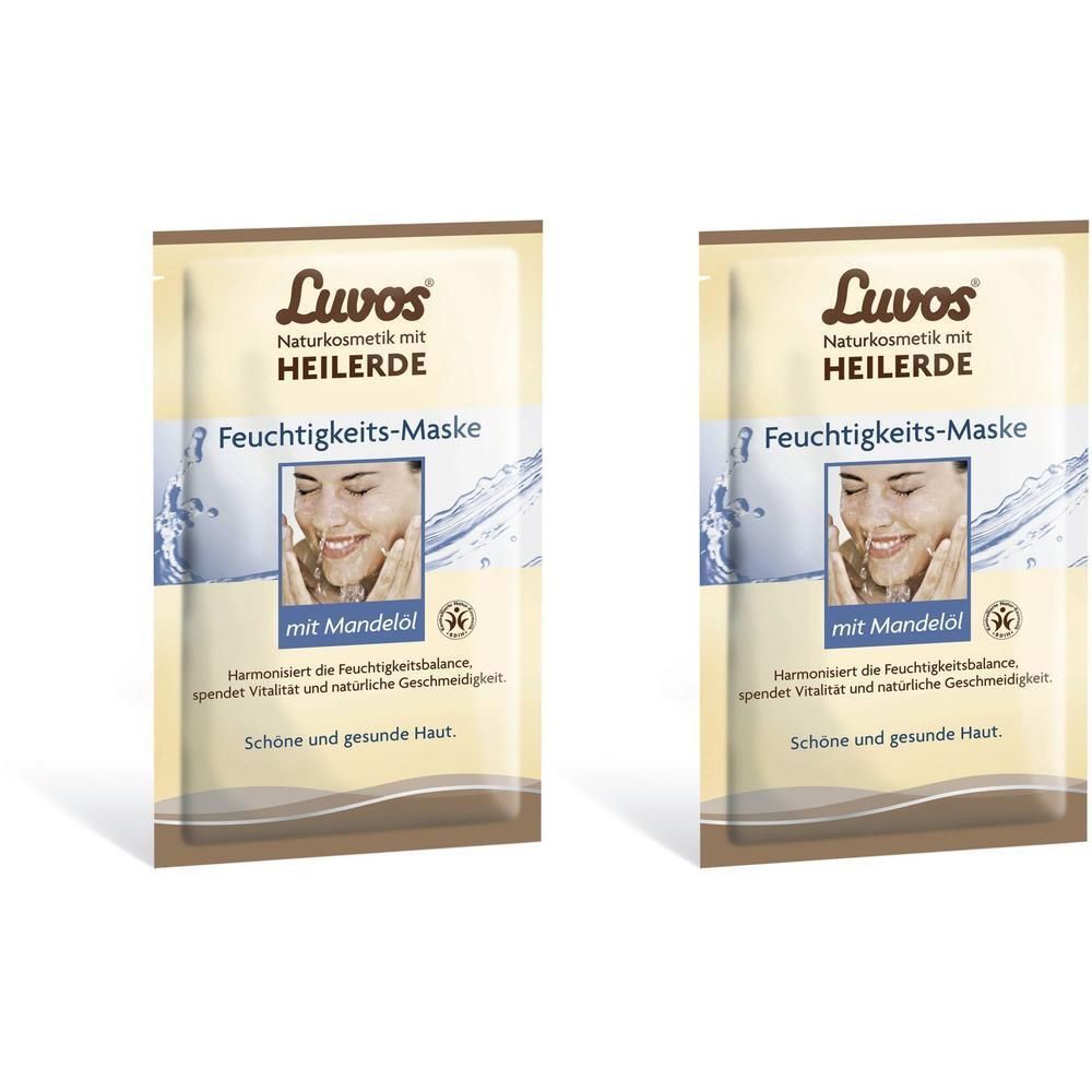 Zwei Feuchtigkeitsmasken-Beutel. Aufschrift: Luvos Naturkosmetik mit Heilerde. Feuchtigkeits-Maske mit Mandelöl. Bild einer Frau.