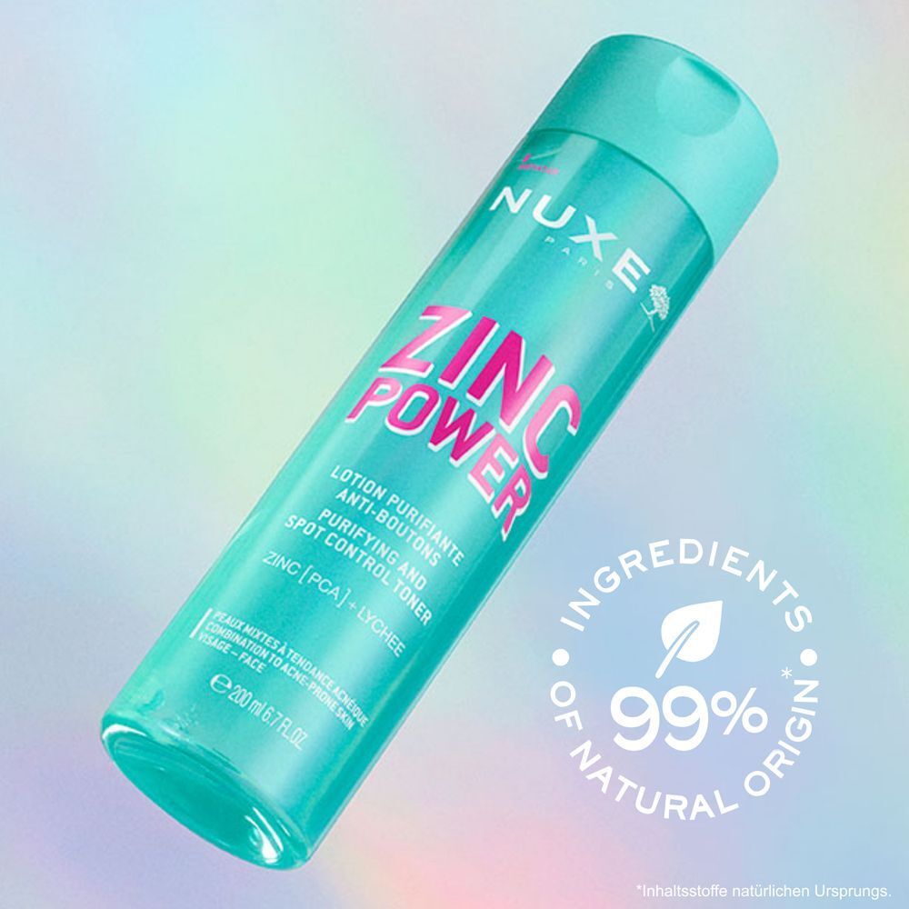 Eine Flasche NUXE Zinc Power Lotion. Aufschrift: ZINC POWER. Text: 99% natürlichen Ursprungs. Hintergrund: Farbverlauf.