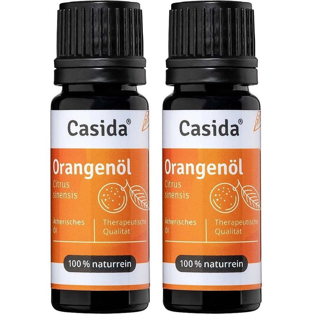 Zwei Flaschen Casida® Orangenöl. Braune Glasflaschen mit schwarzem Deckel und Etikett. Aufschrift: Orangenöl, 100% naturrein.