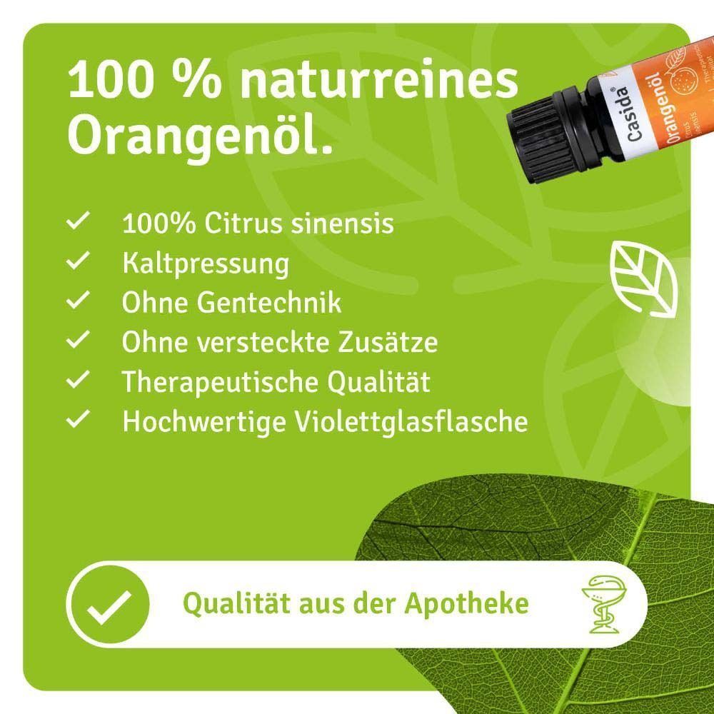Flasche Casida® Orangenöl. Braune Glasflasche mit schwarzem Deckel. Etikett mit Aufschrift: Orangenöl, Citrus sinensis, 100% naturrein. Apotheken-Qualität.