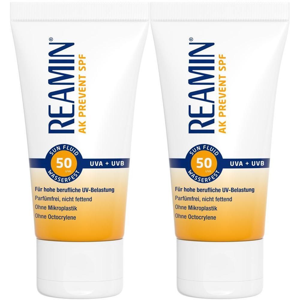 Zwei Tuben REAMIN® AK Prevent SPF 50+. Weiße Tuben mit blauer und gelber Beschriftung. Text: Sun Fluid, wasserfest, UVA + UVB.