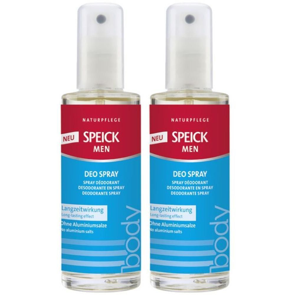 Zwei Deo-Sprays mit weißem Sprühkopf. Roter und blauer Aufdruck mit Text: SPEICK MEN, DEO SPRAY, Langzeitwirkung, ohne Aluminiumsalze.