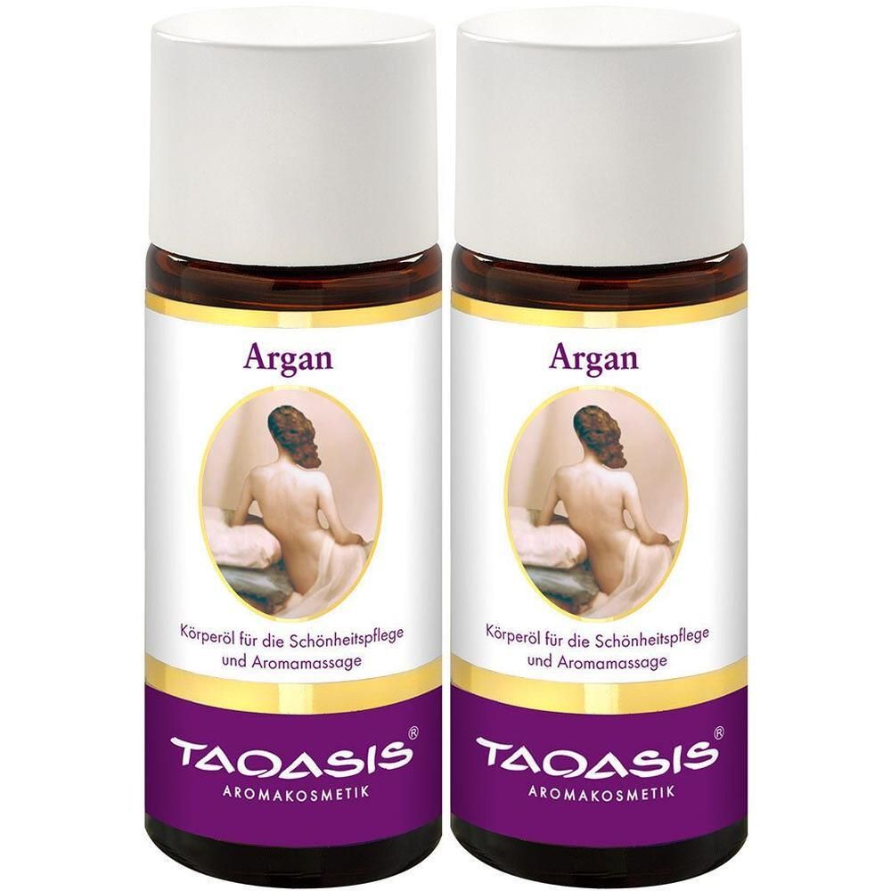Zwei Flaschen mit weißem Deckel und braunem Glas. Aufschrift "Argan". Darunter eine Abbildung einer Frau. Marke: TAOASIS.