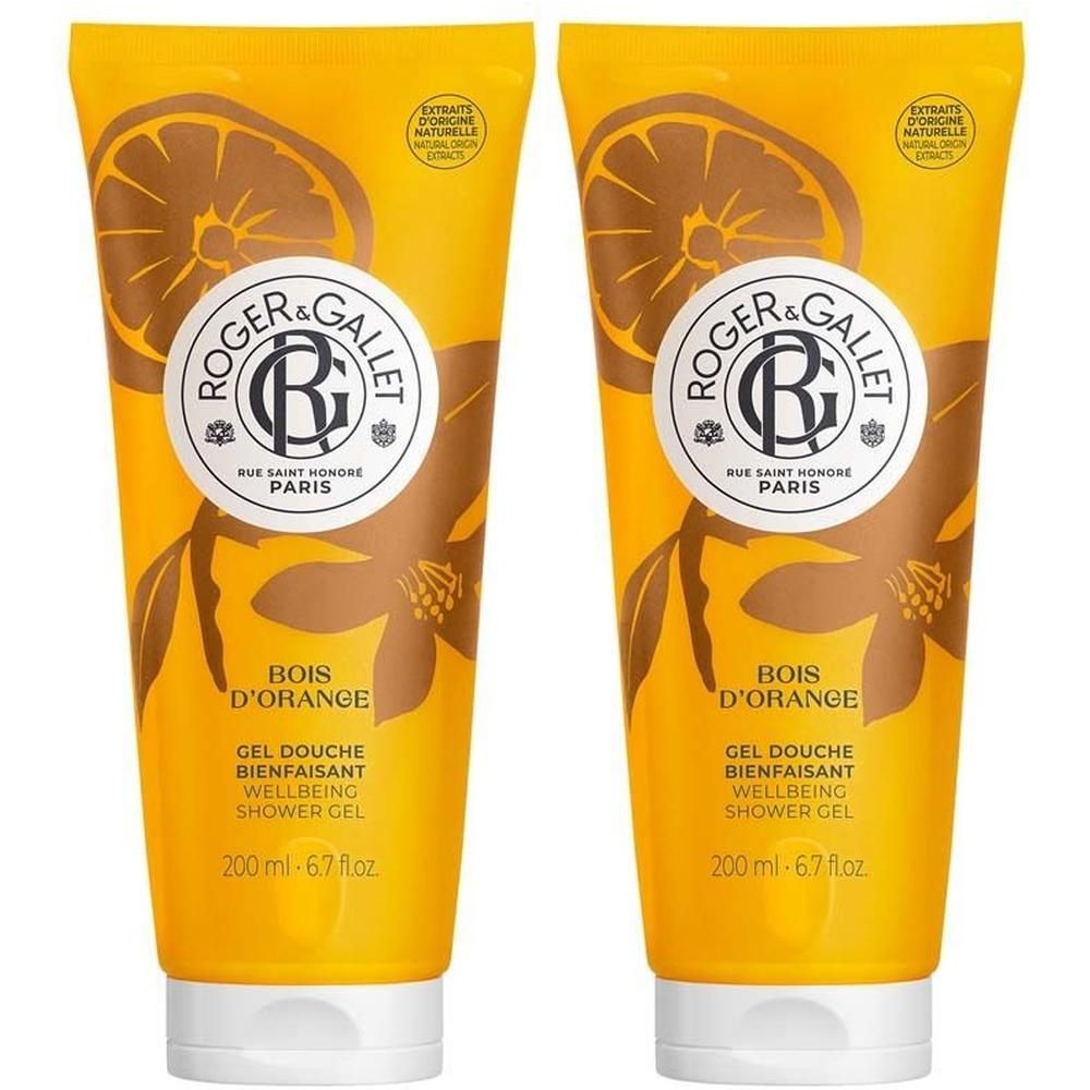 Zwei Tuben Duschgel. Gelbe Verpackung mit Produktnamen und Logo. Text: Bois d'Orange, Gel Douche Bienfaisant, 200 ml.