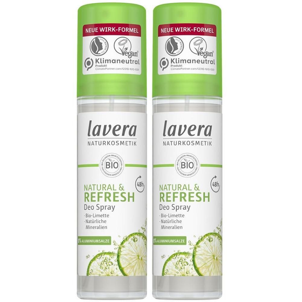 Zwei Deosprays mit grünen Deckeln. Aufschrift: lavera, NATURAL & REFRESH, Bio-Limette. Vegan- und Klimaneutral-Siegel.