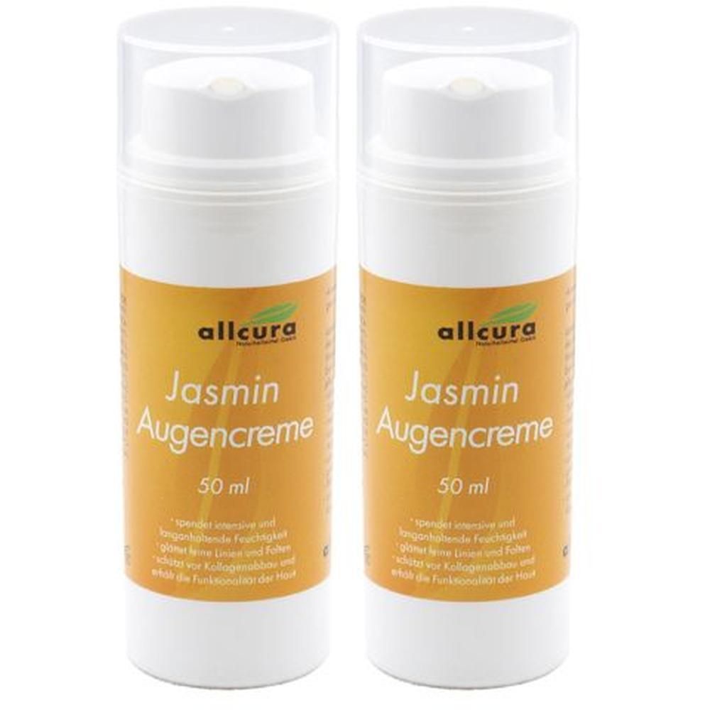 Zwei weiße Flaschen mit Jasmin Augencreme, 50 ml. Aufschrift: allcura, Jasmin Augencreme.