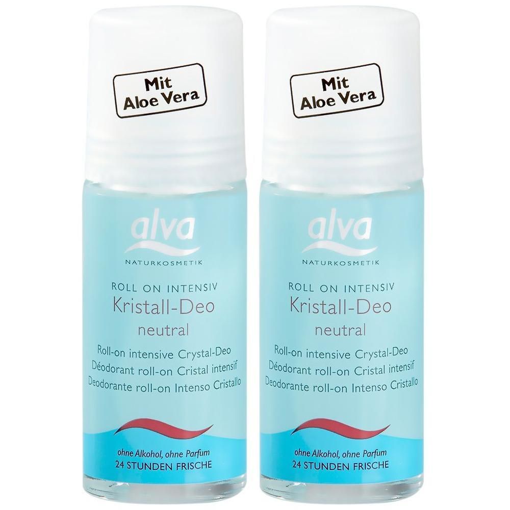 Zwei Roll-on-Deodorants. Weißer Deckel mit Aufschrift "Mit Aloe Vera". Blaue Flüssigkeit, rote Wellenlinie. Text: alva, Kristall-Deo neutral.
