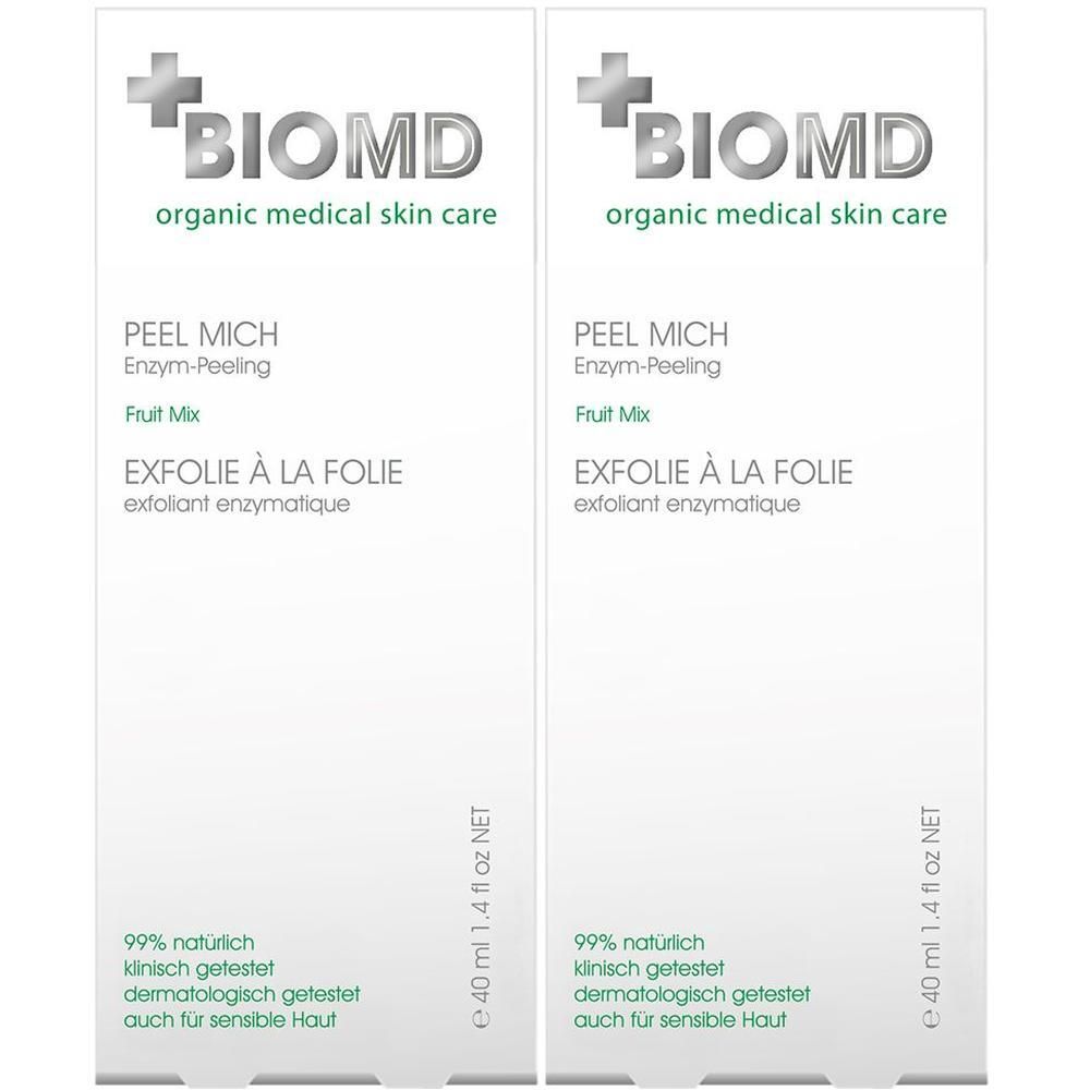 Zwei weiße Kartons mit BIOMD-Logo und Text: Peel Milch Enzympeeling, Exfolie à la Folie. 99% natürlich, 40 ml.