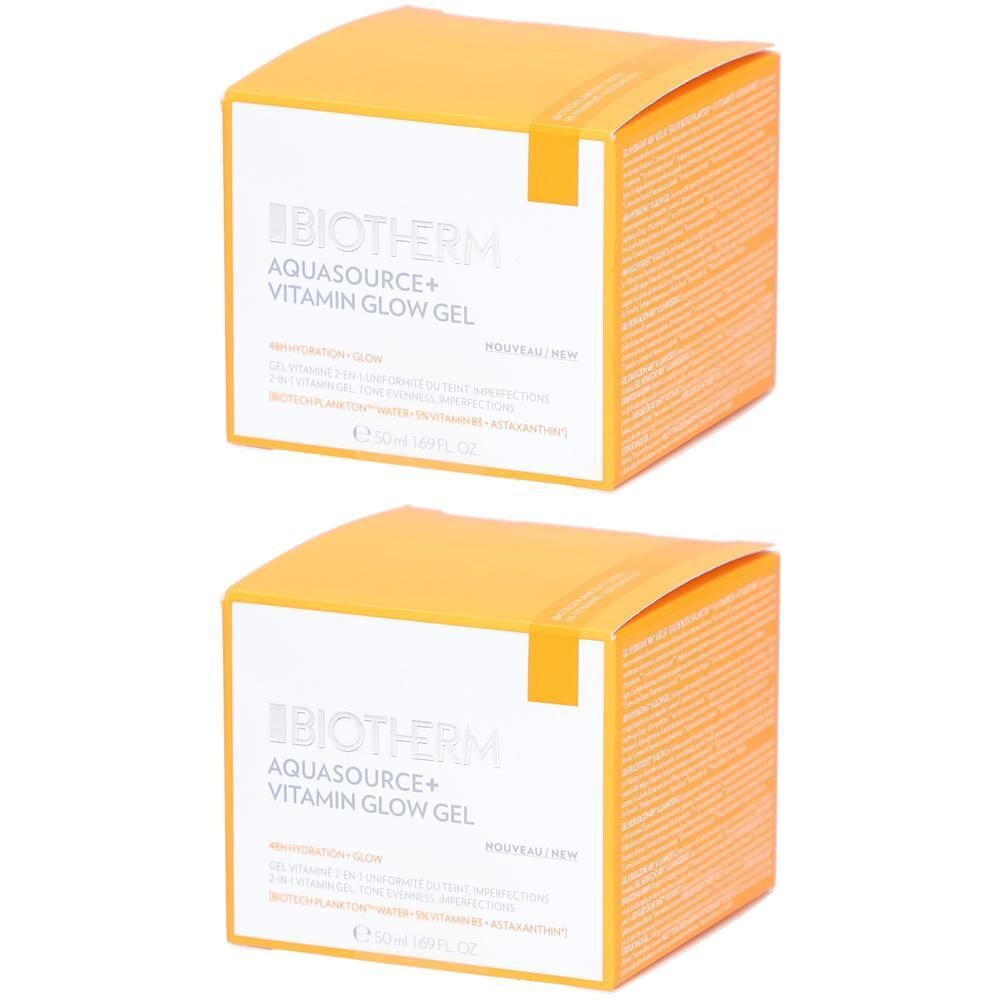 Zwei quadratische, orangefarbene Kartons. Auf der Vorderseite steht BIOTHERM, AQUASOURCE+ VITAMIN GLOW GEL. Die Verpackung hat eine weiße Vorderseite.