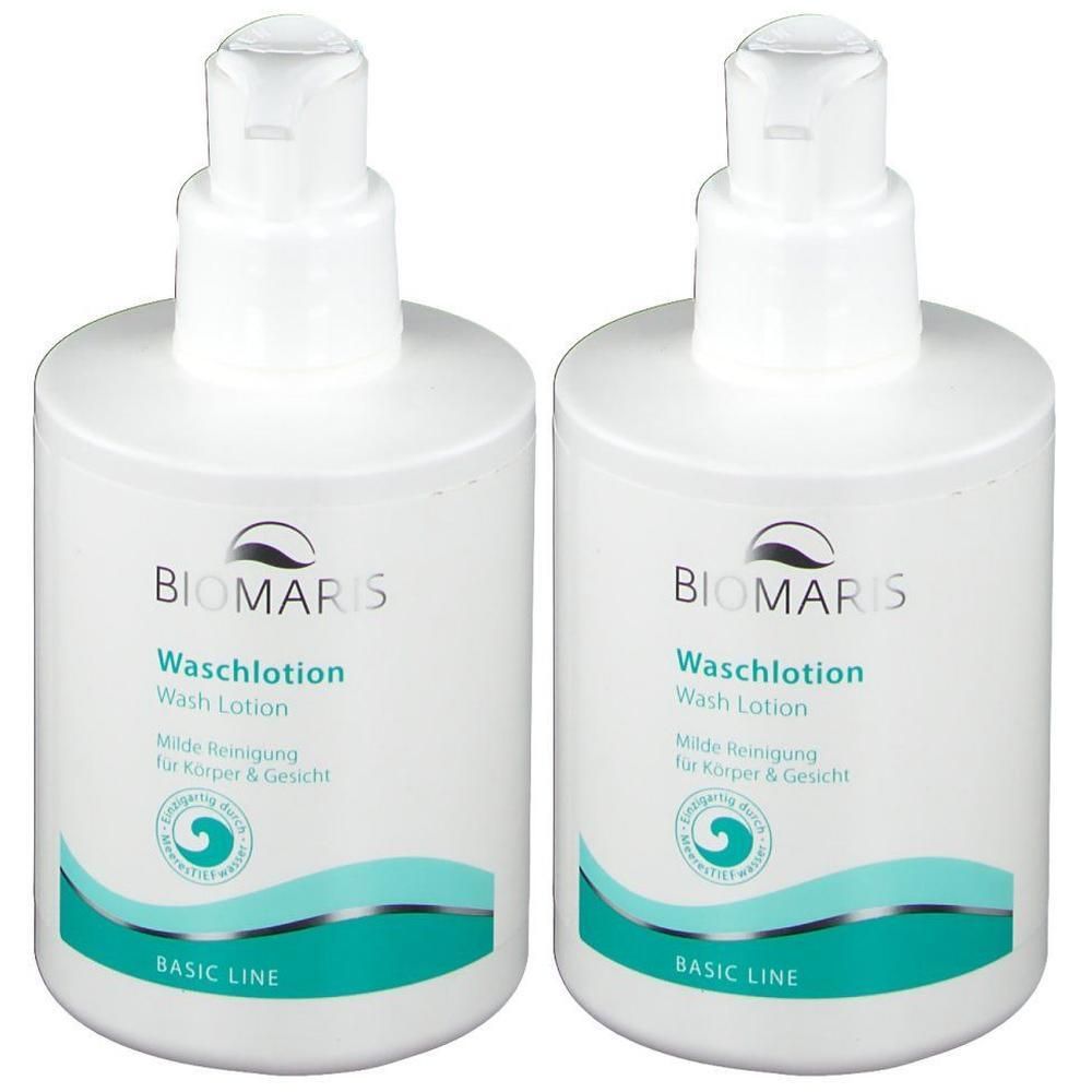 Zwei weiße Flaschen mit Pumpverschluss. Aufschrift: BIOMARIS Waschlotion. Türkis-farbener Streifen und Logo. BASIC LINE.