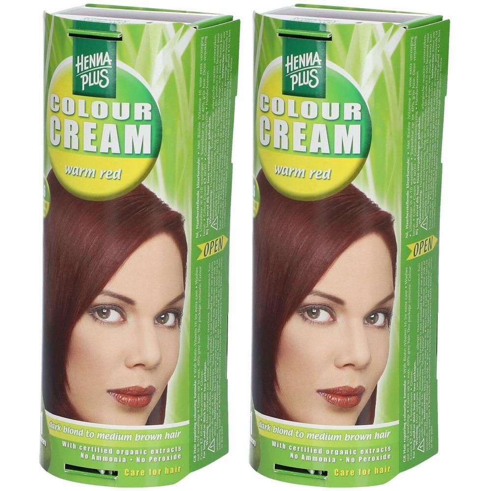 Zwei Packungen Henna Plus Colour Cream, warmes Rot. Aufdruck: Colour Cream, warm red. Abbildung einer Frau mit roten Haaren.
