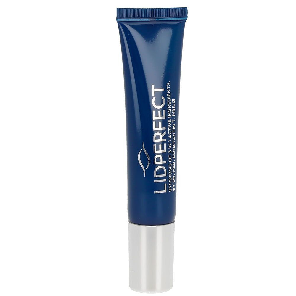 Dunkelblaue Tube mit silberner Kappe. Auf der Tube steht LIDPERFECT. Darunter Text über Inhaltsstoffe.