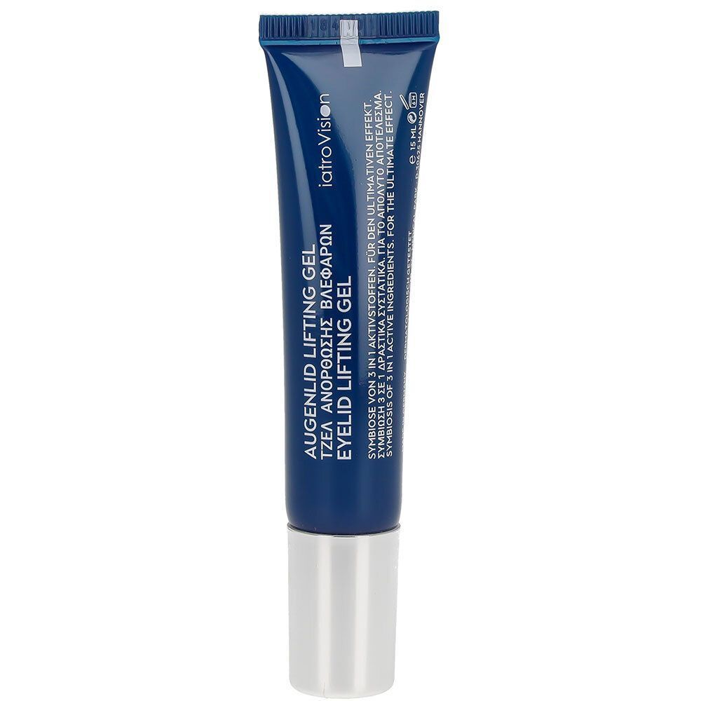 Dunkelblaue Tube mit silberner Kappe. Auf der Tube steht Augenlid Lifting Gel. Text in mehreren Sprachen.