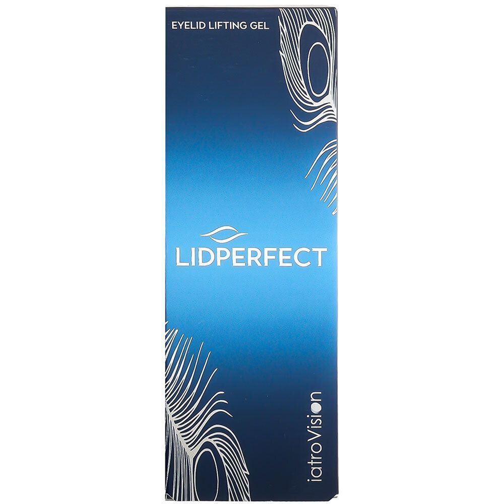 Schachtel mit LIDPERFECT. Blau mit Federmuster. Der Produktname und das Logo sind auf der Vorderseite.