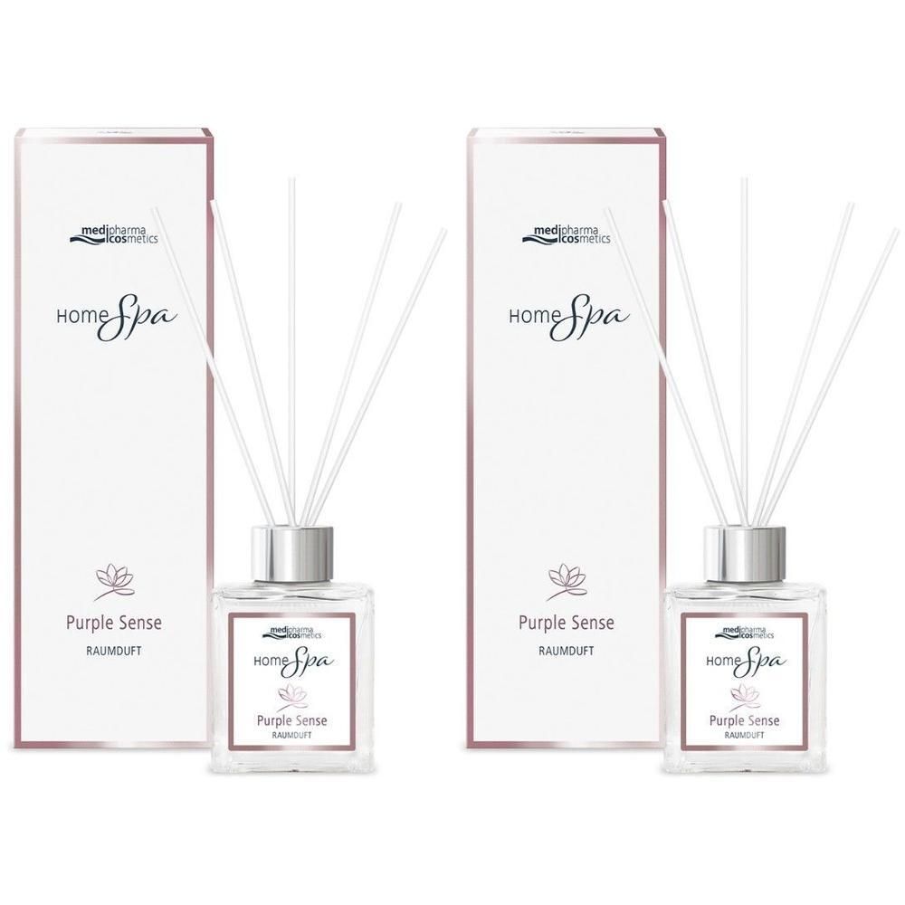 Zwei Raumduft-Sets mit Flakon, Stäbchen und Verpackung. Aufschrift: HOME Spa Purple Sense Raumduft. Marke: medipharma cosmetics.