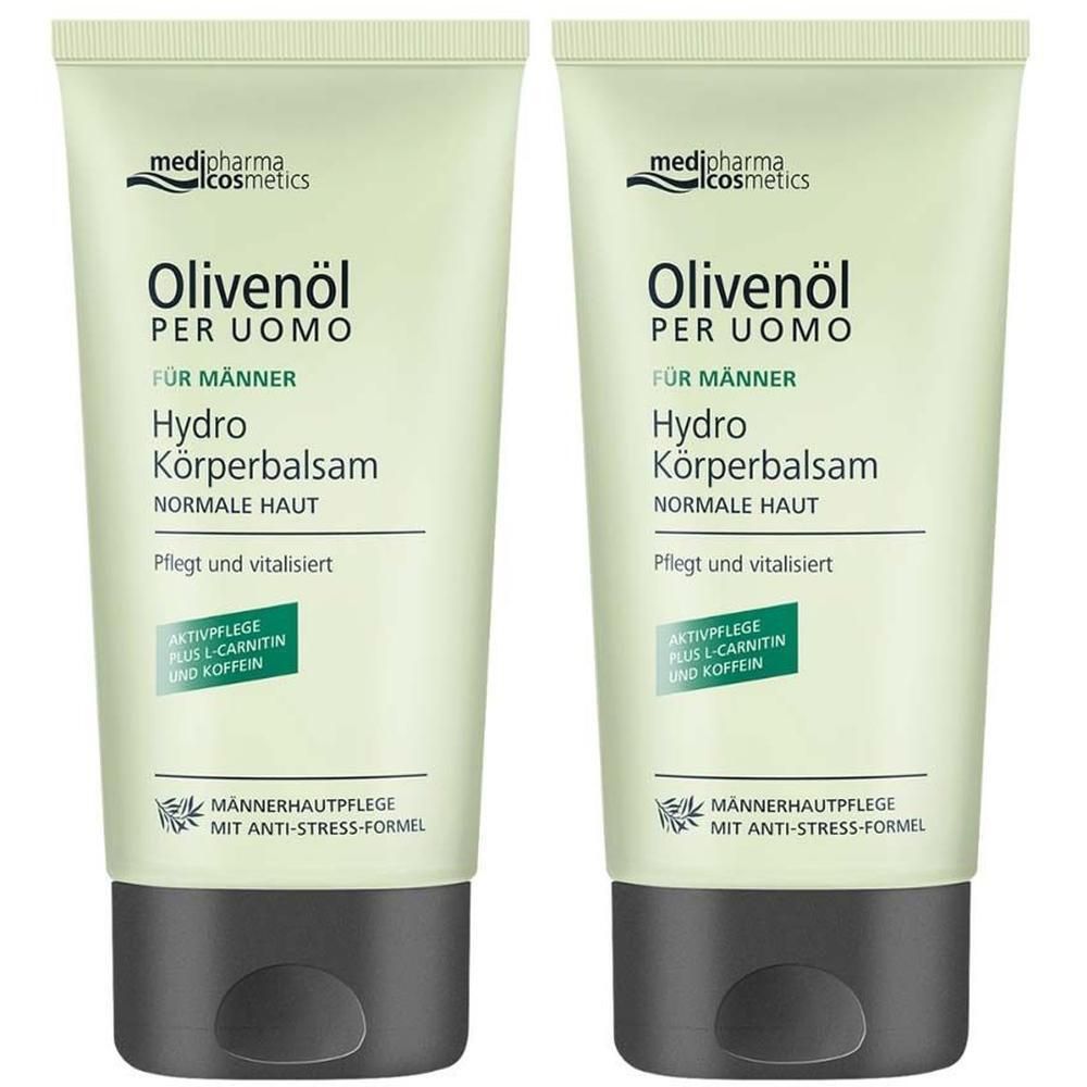 Zwei Tuben Körperbalsam. Hellgrüne Tube mit schwarzem Deckel. Text: Olivenöl Per Uomo, Hydro Körperbalsam, für Männer.