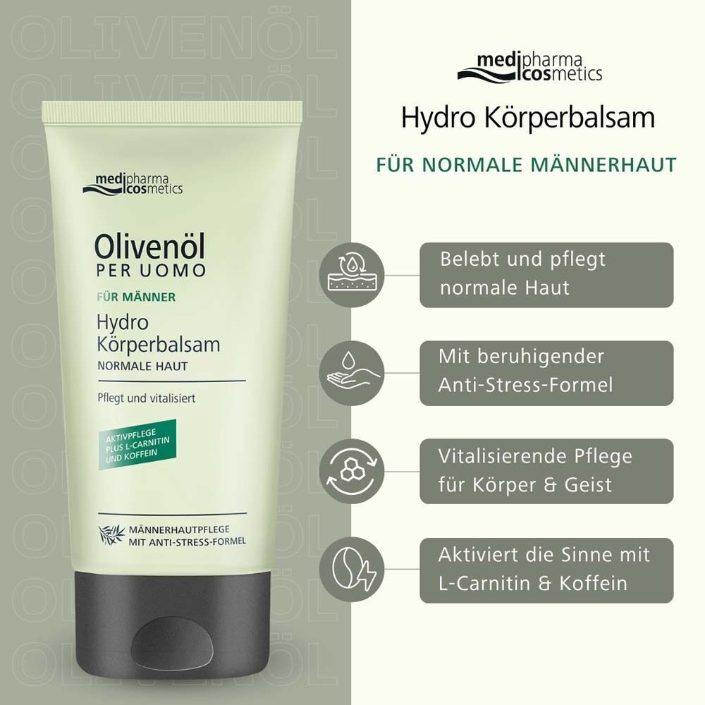 Tube Körperbalsam. Hellgrüne Tube mit schwarzem Deckel. Text: Olivenöl Per Uomo, Hydro Körperbalsam, für Männer. Infografiken.