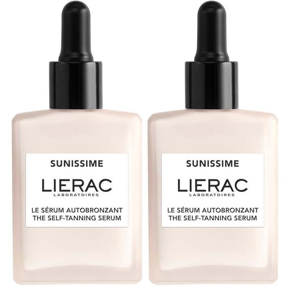 Zwei quadratische Flakons mit schwarzer Pipette. Aufschrift: Sunissime, LIERAC, Le Sérum Autobronzant, The Self-Tanning Serum.
